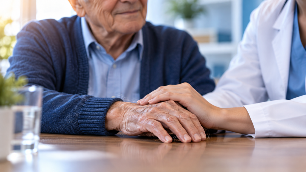 Idoso com Parkinson recebendo apoio durante tratamento de neuromodulação na Clínica Reabilitar