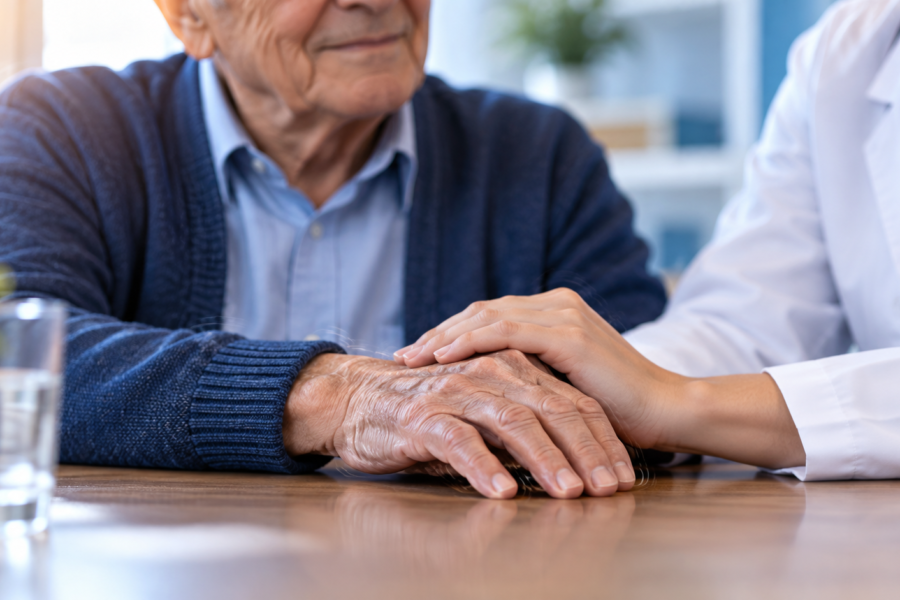Idoso com Parkinson recebendo apoio durante tratamento de neuromodulação na Clínica Reabilitar